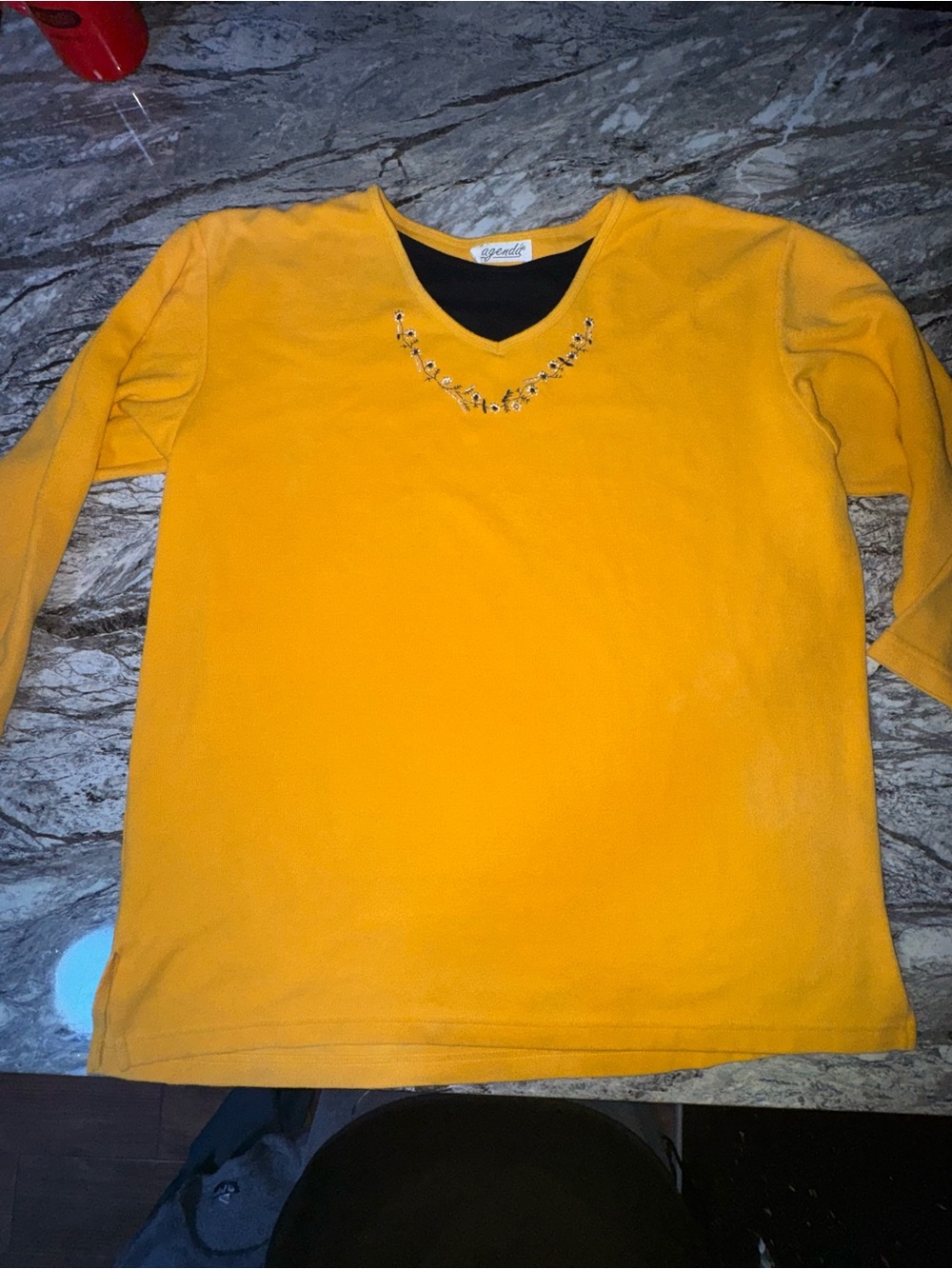 Woman’s Yellow Long-Sleeve Top with V-Neck Embellishment